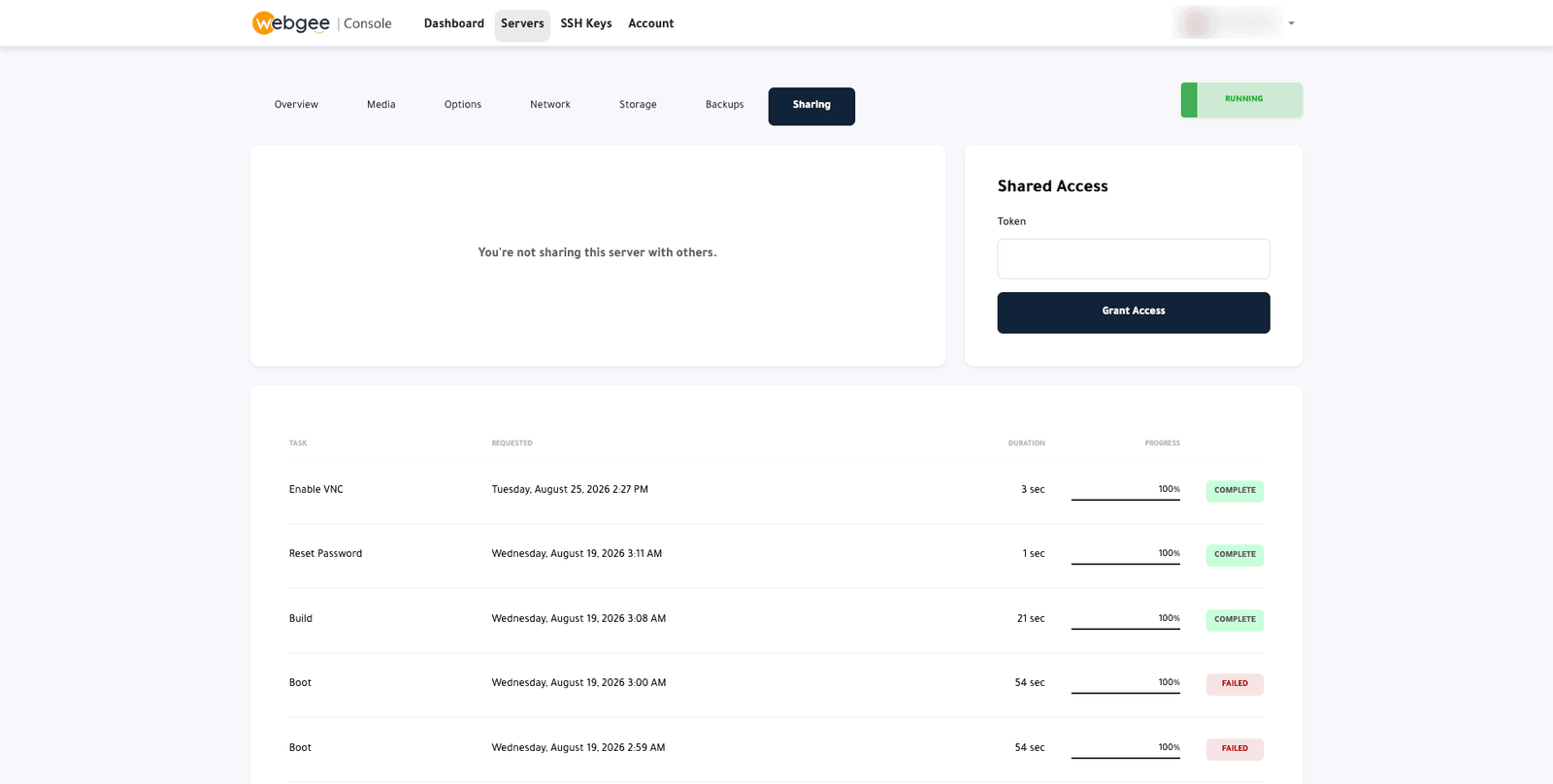 The Sharing tab showing the shared access token field