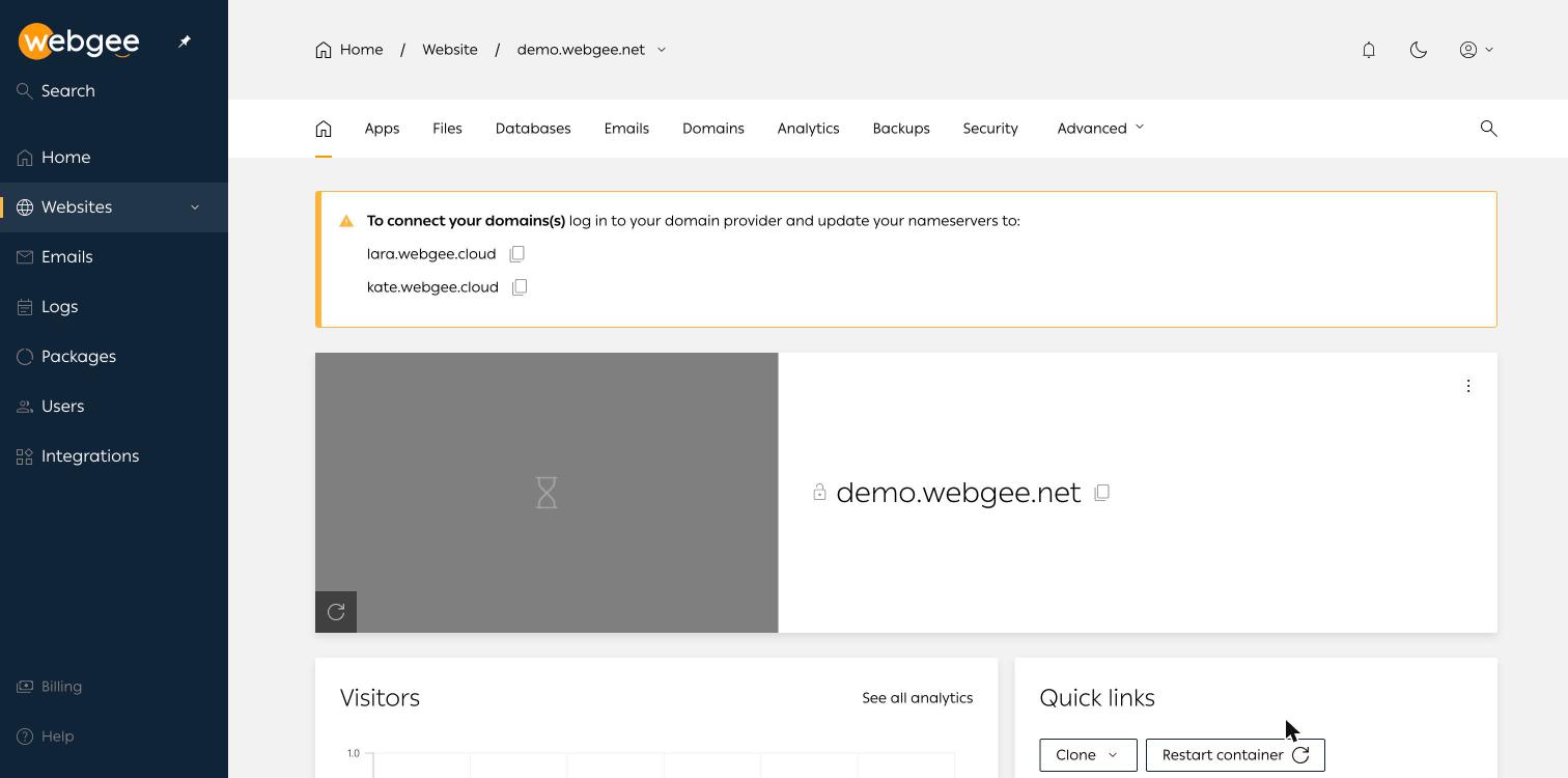 The site overview for a production site, showing the nameserver banner