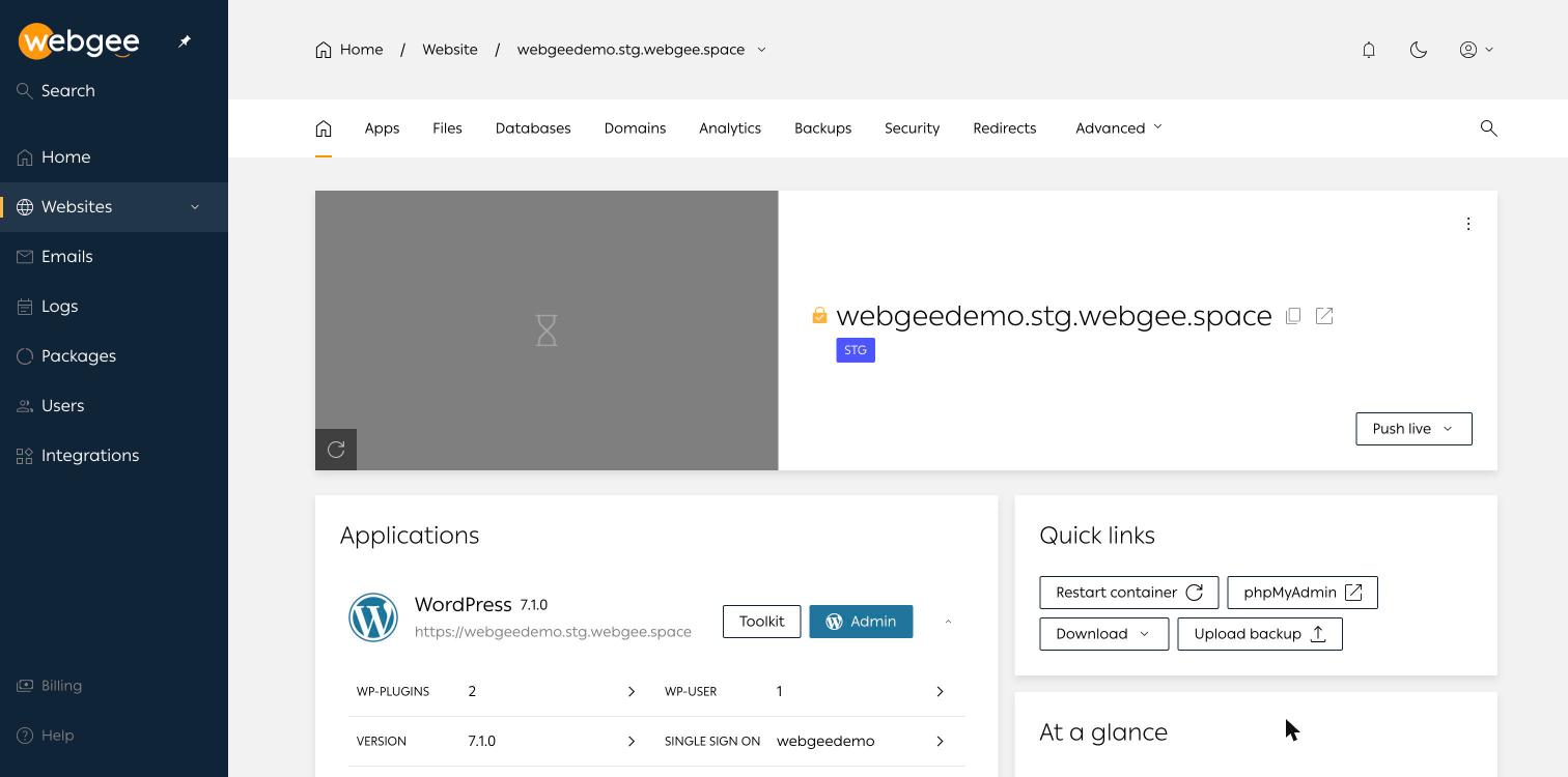 A staging site overview, showing the STG badge and the Push live button