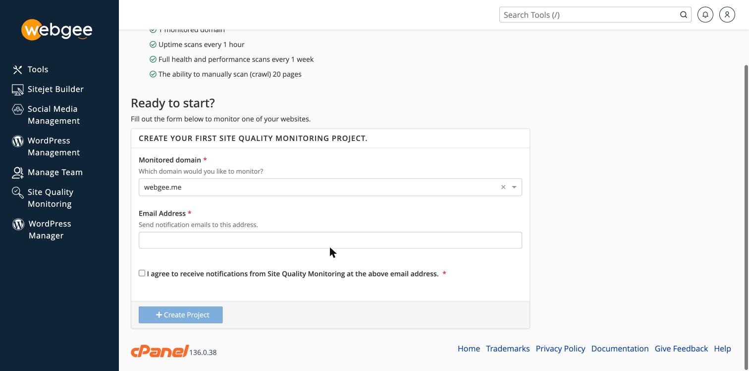 The Create Project form, with the monitored domain, notification address and consent checkbox