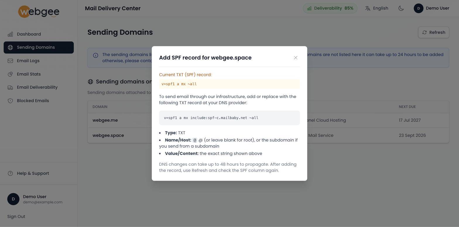 The Add SPF record dialog, showing the current TXT record and the replacement to publish
