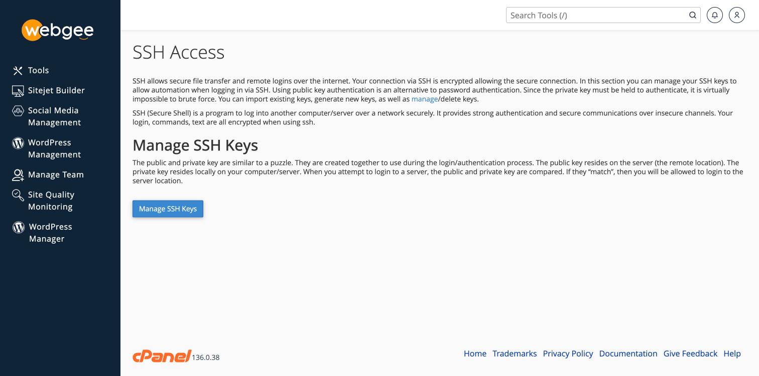 The SSH Access page in cPanel