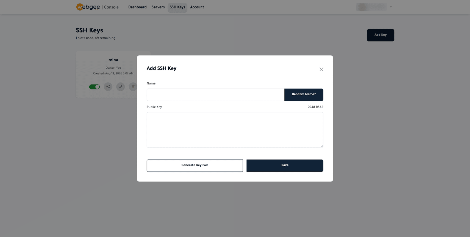 The Add SSH Key dialog with name and public key fields