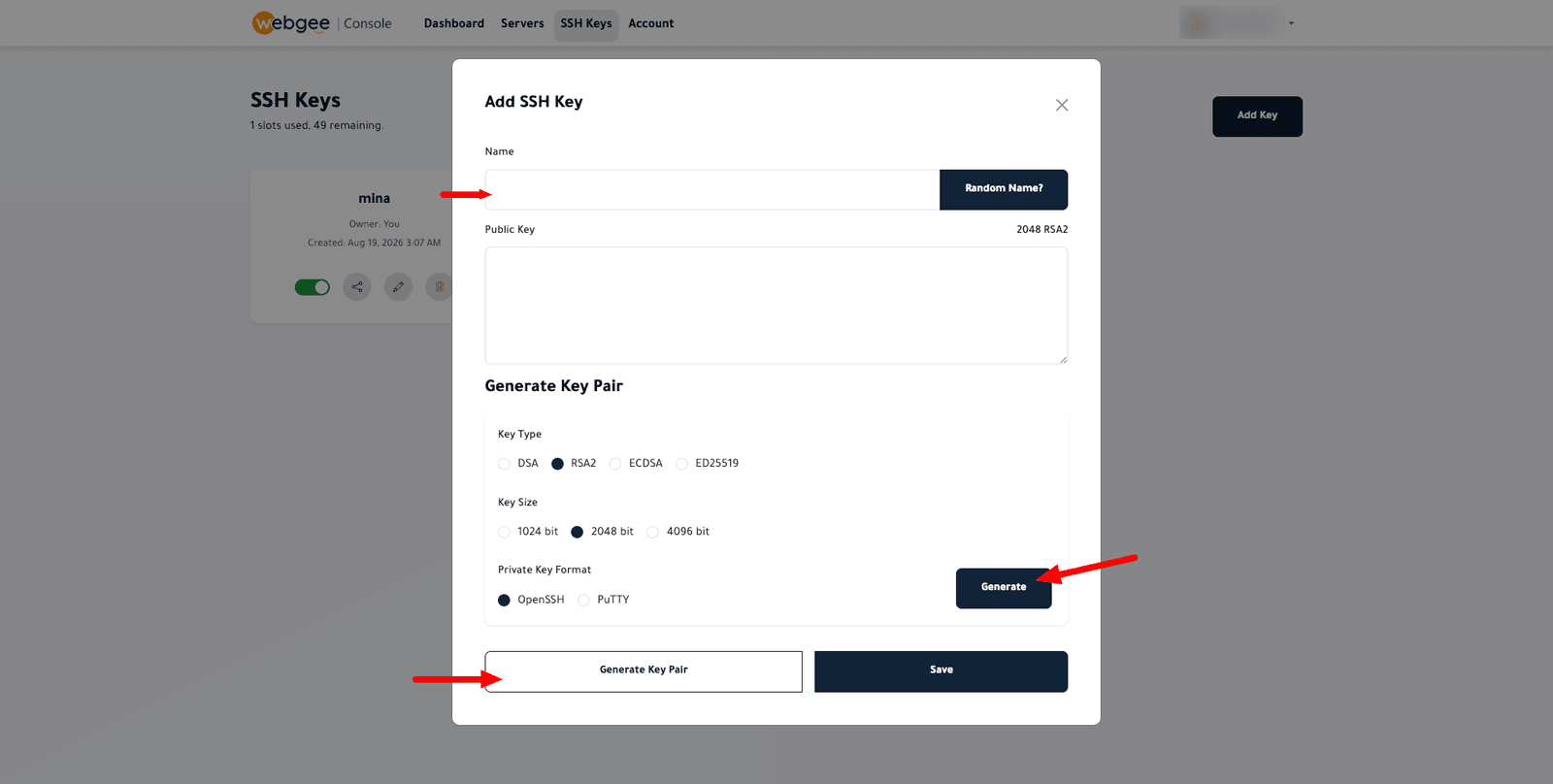 The Generate Key Pair options showing key type, size and private key format