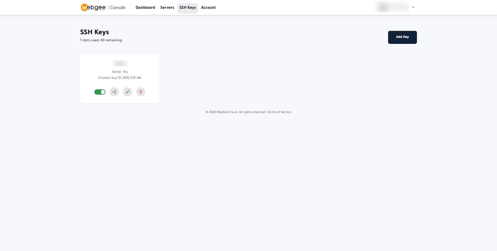 The SSH Keys page listing stored keys