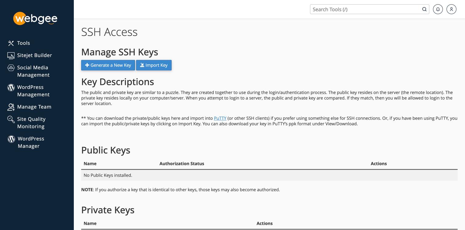 Manage SSH Keys, showing Generate a New Key and Import Key