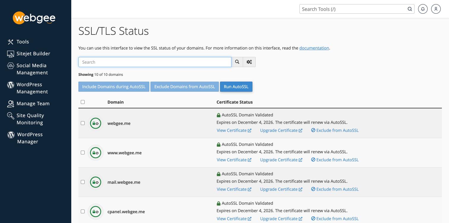 All domains showing AutoSSL Domain Validated with a green padlock and expiry date