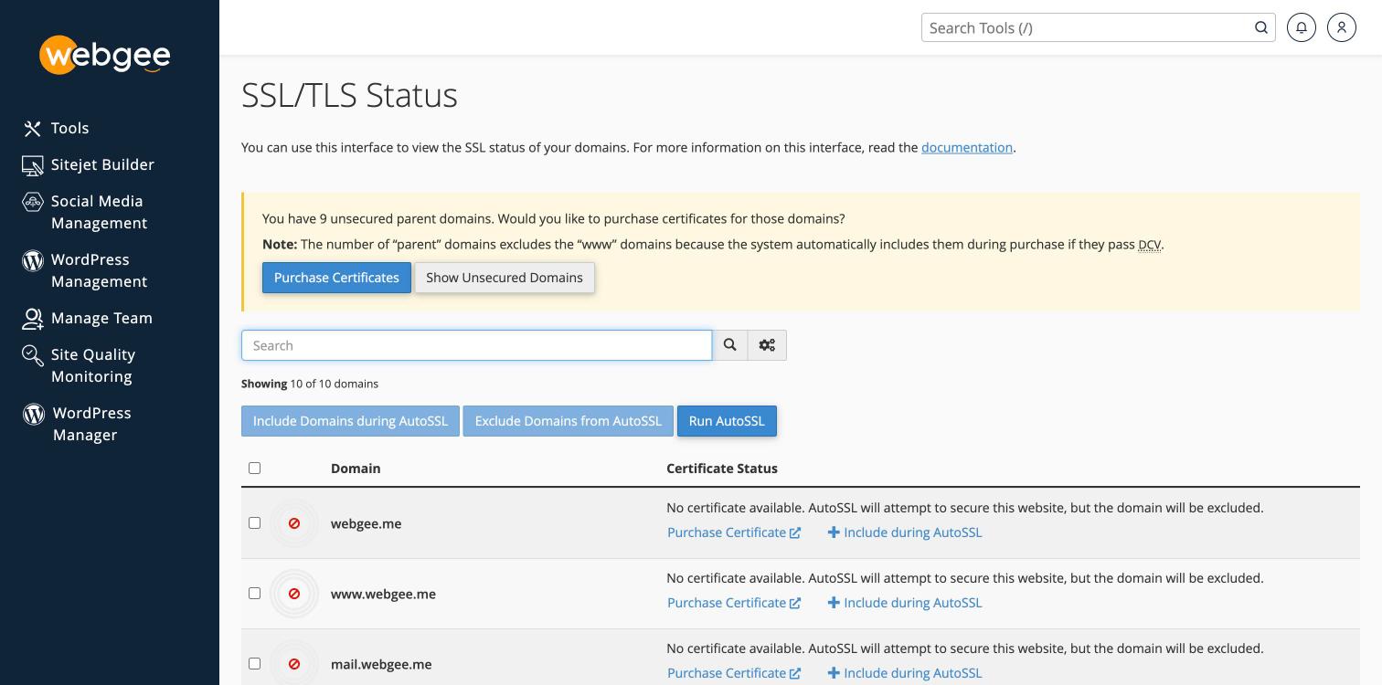 SSL/TLS Status showing unsecured domains, each marked as excluded from AutoSSL