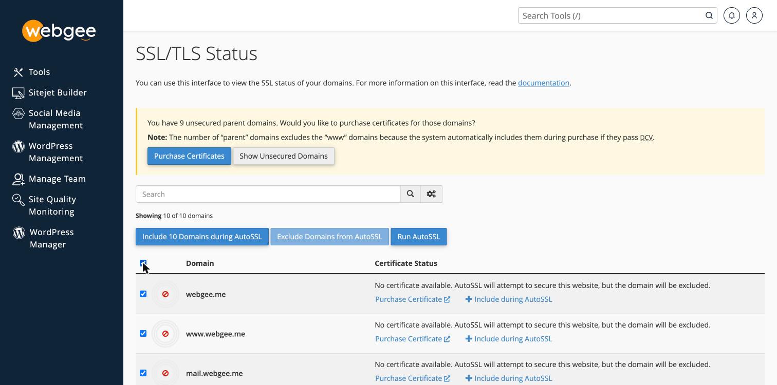 All domains selected, with the button now reading Include 10 Domains during AutoSSL