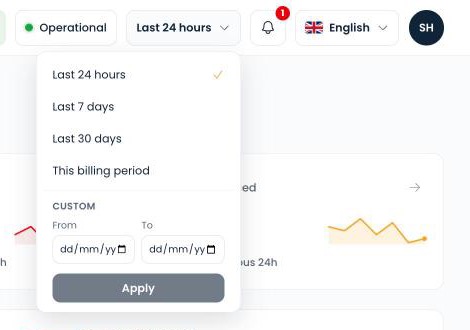 The time range menu open in the header, listing the preset periods and the custom From and To dates