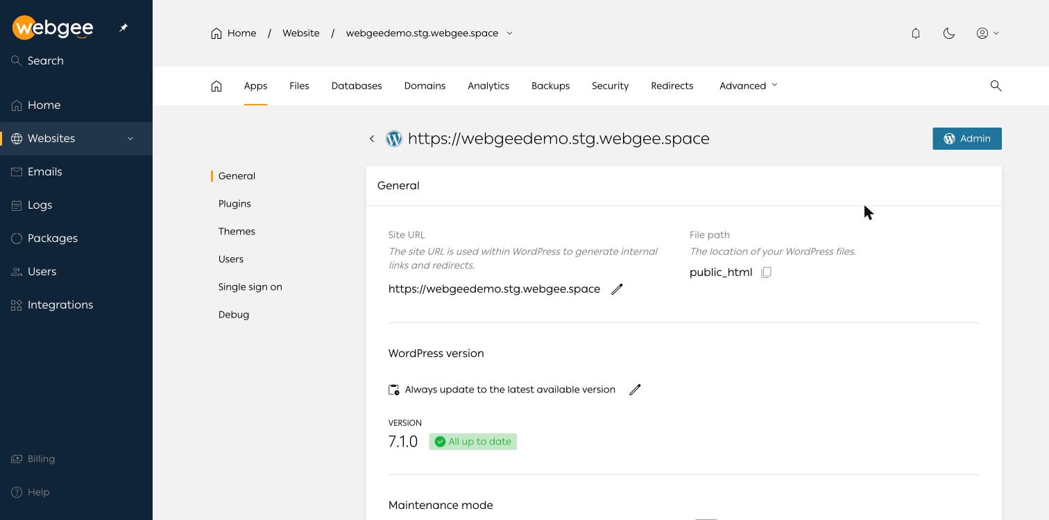 The Toolkit General panel, showing site URL, file path, version and update policy