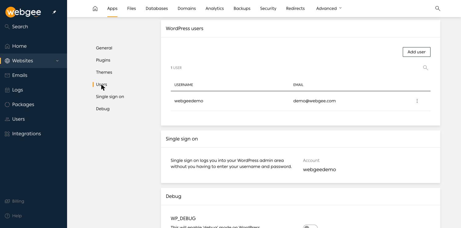 The Toolkit WordPress users list and the single sign-on panel