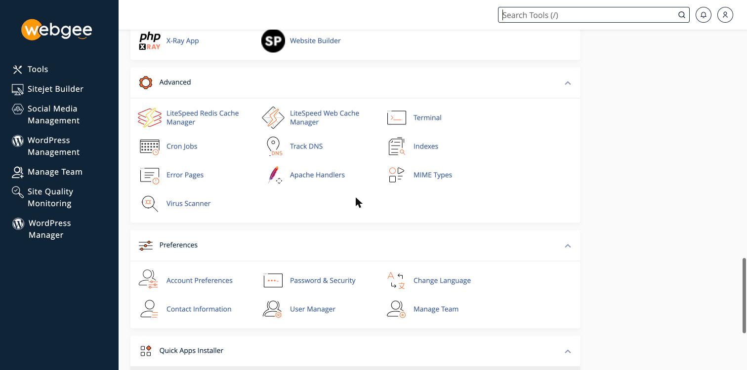 The Advanced and Preferences sections