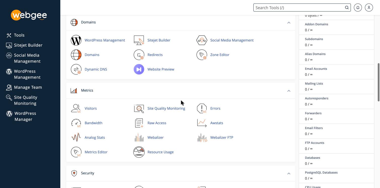 The Domains and Metrics sections