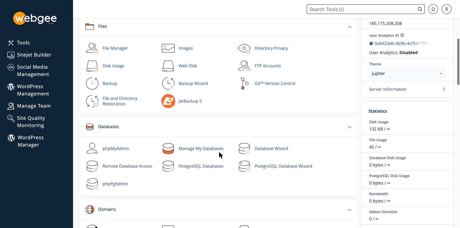 The Files and Databases sections