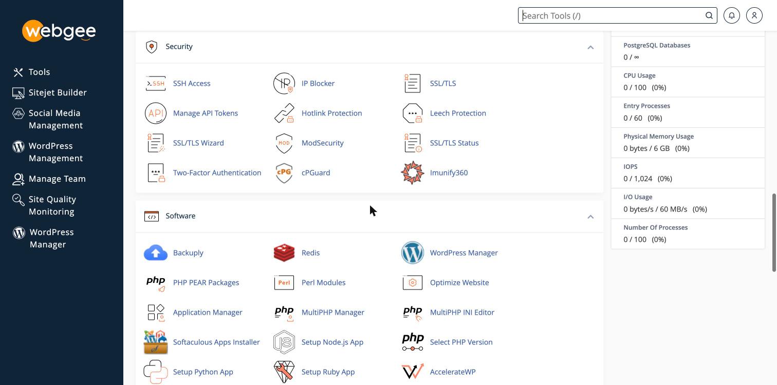 The Security and Software sections