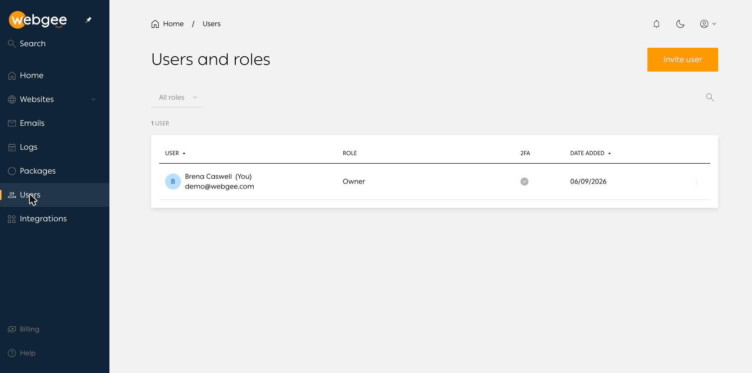 The Users and roles page, listing the owner with 2FA status