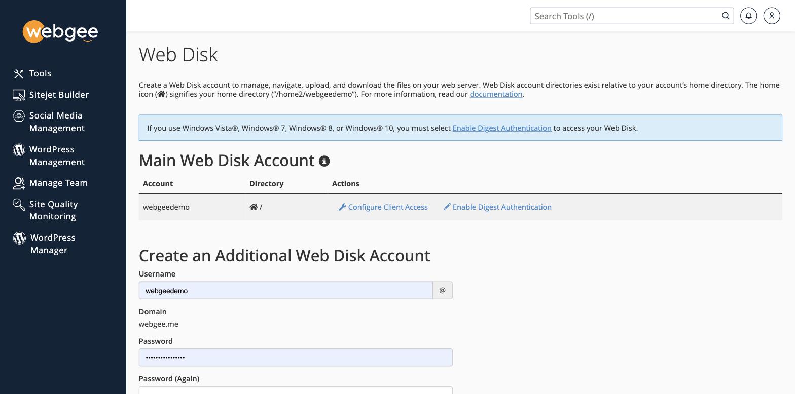 The Web Disk page, showing the main account and the form to create an additional one