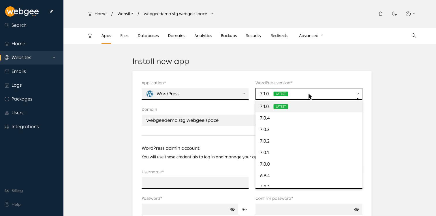 The WordPress version list, with the latest release marked
